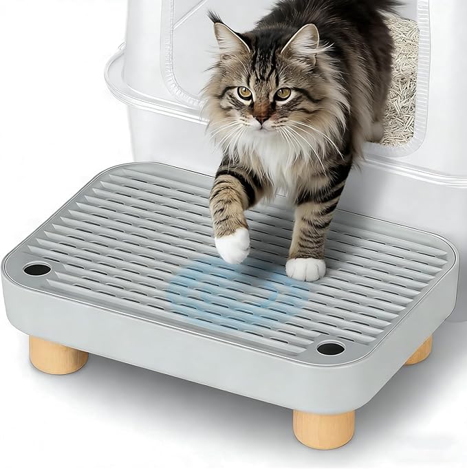 Cat Litter Box Step for Automatic/Self-Cleaning Litter Boxes - Anti-Tracking Catcher Ramp with Filter, Non-Slip Wooden Base, Easy Clean for Kittens & Elderly Cats