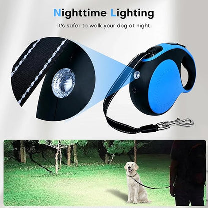 Retractable dog leash with chew-proof cord and LED flashlight, 16-ft heavy-duty dog leash, suitable for Small/medium dogs weighing up to 110 pounds, reflective rope, 360° anti-tangling.(Blue+16ft+LED)