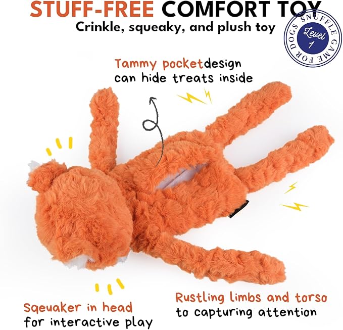 CHEWFFON Stuffless Dog Toy, Interactive Dog Toys, Plush Puppy Squeaky Toy with Fox Design, Puppy Puzzle Toys Stress Release Game for Boredom, Crinkle Snuffle Puzzle for Small Medium and Large Dogs