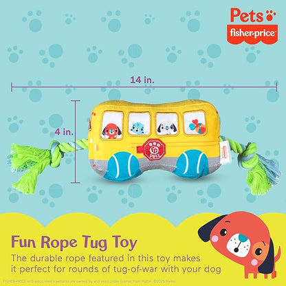 Fisher-Price for Pets School Bus Rope Toy for Dogs, Dog Tug Toy with Rope, Plush Dog Toy with Squeaker Inside, Developmental Dog Toys