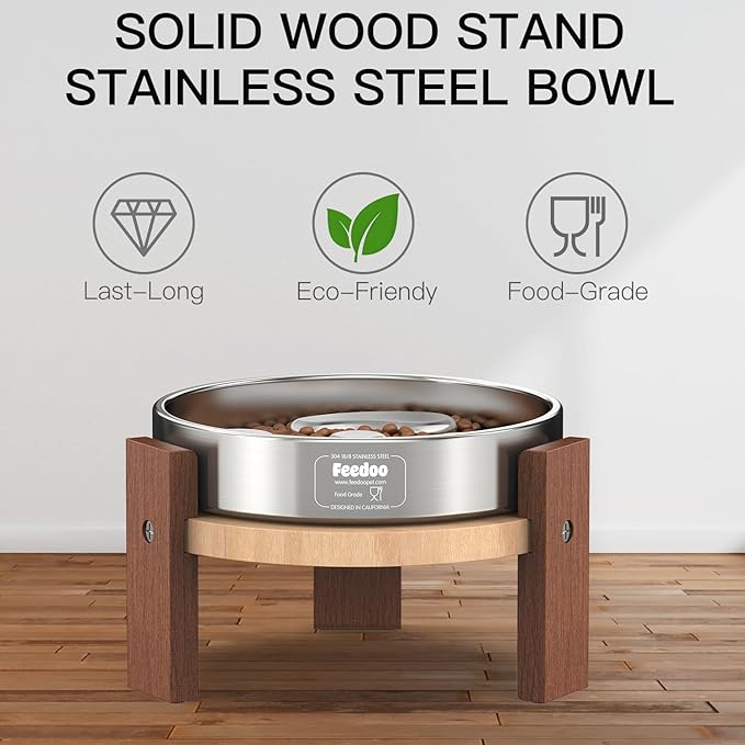 Elevated Dog Bowl Stand, 6'' Height Raised Stand for Medium&Small Dogs, Includes 2Cups Stainless Steel Slow Feeder Dog Bowl, Durable Solid Hardwood