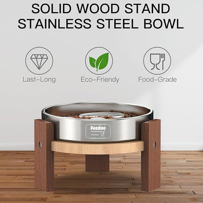 Elevated Dog Bowl Stand, 6'' Height Raised Stand for Medium&Small Dogs, Includes 2Cups Stainless Steel Slow Feeder Dog Bowl, Durable Solid Hardwood