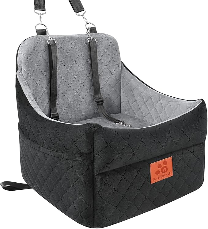 GL GLENSLAVE Dog Car Seat for Small/Medium Dogs, Dog Booster Car Seats with Thick Cushion for Dogs Under 35lbs, Detachable Washable Pet Carseat with Storage Pockets, 2 Safety Belts(Black/Grey)
