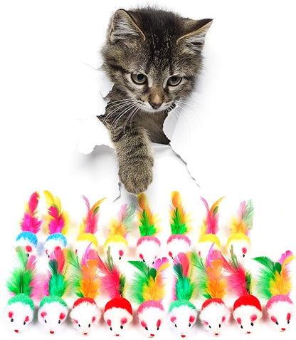 FYNIGO Cat Mouse Toys 17 Value Pack - Catnip Interactive Mice Toys with Feather Tails for Indoor Cats & Kittens - Realistic Plush Hunting Rattle Toys Set