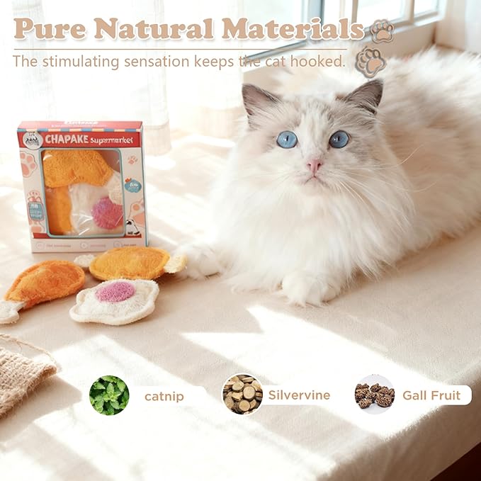 3-Pack Catnip Chew Toys, Natural Loofah Cat Scratch & Teething Toys for Bored Indoor Cats, Interactive Food Shape Treat Toy for Dental Health, Cat Toys with Catnip for Kitty Toys