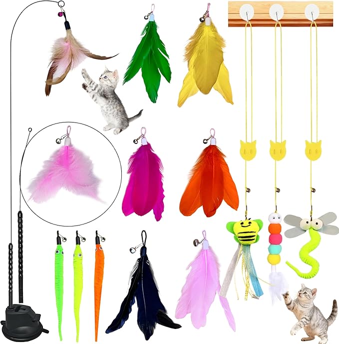 Walfront Cat Toy Set for Indoor Play, 17 Pieces, Interactive Feather Wand, Fun & Engaging Playtime for Cats and Kittens, Perfect for Active & Playful Cats
