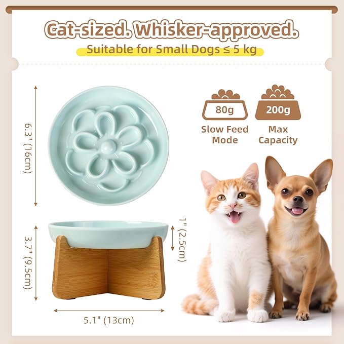 Elevated Slow Feeder Cat Bowl - Melamine Cat Dish with Anti-Slip Bamboo Stand - Whisker Friendly Feeding Bowl - Floral Maze Food Plate for Slow Eating - Blue