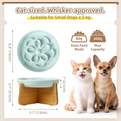 Elevated Slow Feeder Cat Bowl - Melamine Cat Dish with Anti-Slip Bamboo Stand - Whisker Friendly Feeding Bowl - Floral Maze Food Plate for Slow Eating - Blue