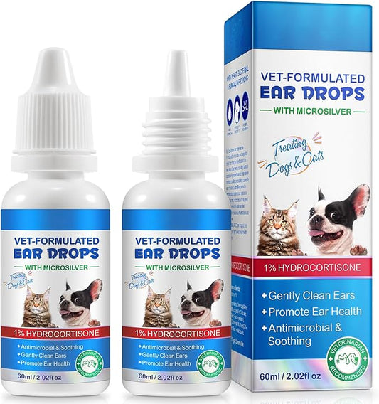 2 Pack Cat & Dog Ear Infection Treatment Drops, Ear Cleaner to Soothe and Relieve Itchness, with 1% Hydrocortisone for Dog Ear Infections, Prevents Inflammatio, Treats Ear Infections