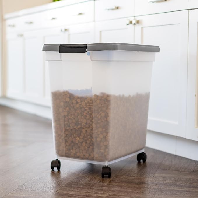 IRIS USA Dog Food Storage Container 50 lbs, with Removable Rolling Wheels & Included Scoop, for Dog Cat Bird and Other Pets, Food Storage Bin, Keep Fresh, Made in USA, Clear/Dark Gray