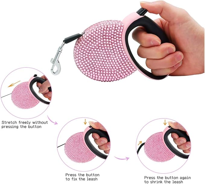 Pink Rhinestone Retractable Dog Leash Bling 10ft, Sparkle Sparkling Pet Cat Leash for Small Breed, Bling Crystal Small Dog Leash Cute, Girl Dog Lead Waste Bags Dispenser Included, 360° Tangle-Free