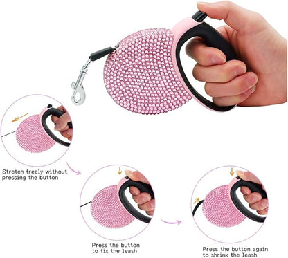 Pink Rhinestone Retractable Dog Leash Bling 10ft, Sparkle Sparkling Pet Cat Leash for Small Breed, Bling Crystal Small Dog Leash Cute, Girl Dog Lead Waste Bags Dispenser Included, 360° Tangle-Free