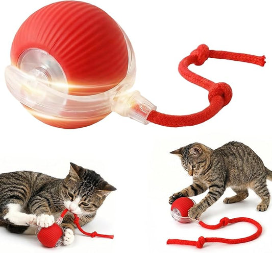 Interactive electric automatic 360 rolling USB rechargeable motion-sensing toy smart chasing cat ball, equipped with a quick tail rope, specially designed for active adult cats and indoor dogs.
