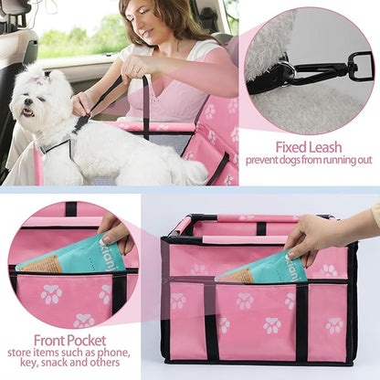 PetsHome Dog Car Seat Foldable Dog Car Booster Seat Waterproof Breathable Oxford Travel Bag for Small to Medium Dogs, Puppies, and Pets-Footprint Pink-Upgrade