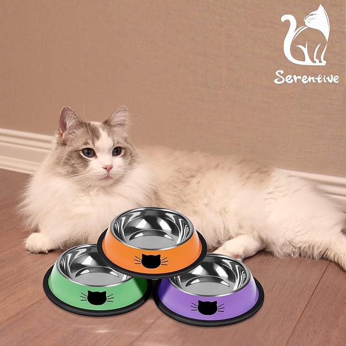 Serentive 3 Pcs Non-Slip Stainless Steel Small Cat Food Bowls - Unbreakable, Thicken 7 Oz Cat Dishes - Indoor, Removable Rubber Base, Easily Clean, Lovely Color