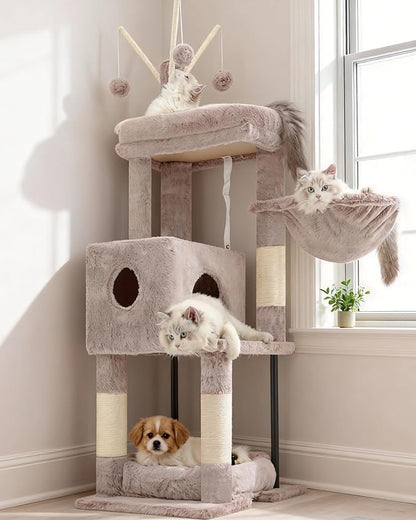 Heybly Cat Tree, 45.3-Inch Cat Tower for Indoor Cats with Large Perch, All-in-One Cat Furniture with Cozy Bed, Hidden Space Cat Condo, Comfy Hammock, Scratching Posts & 3 Pompoms, Muchroom HCT202SMU