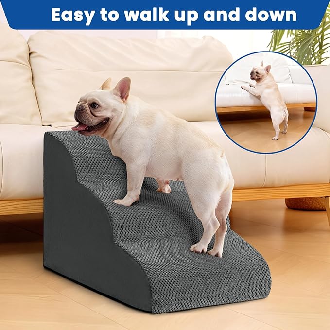 Dog Stairs for Small Dogs and Cats – 3 Step Pet Ramp for Couch & Sofa, Non-Slip Dog Steps for Pets, Washable Cover, High-Density Support Foam for Easy Climbing,Grey