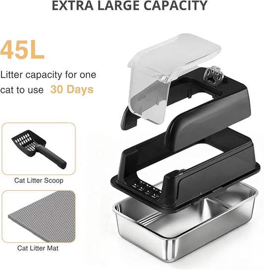 Stainless Steel Cat Litter Box Fully Enclosed, Extra Large Metal High Sided Cat Box with 120° Fully Transparent See-Through Flip Lid, Scoop & Mat - Black - XL