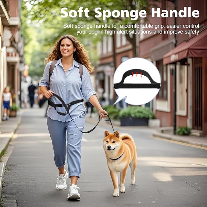 Hands Free Dog Leash, 8.5ft Adjustable Hands Free Leash for Medium Dogs, Versatile Handheld Crossbody Waist Lead with 3 Rings, Easy Adjust for Running Jogging Walking, Sponge Handle, Black