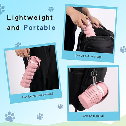 Portable Dog Water Bottle, Collapsible Silicone Dog Water Bottle with Bowl, Squeeze Leak-Proof Travel Water Dispenser for Walking, Hiking & Camping, 225–550ml (Pink)