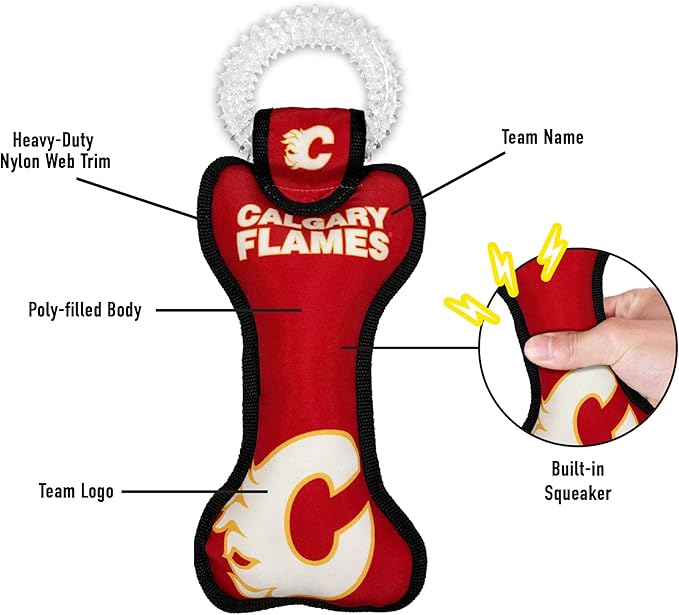 Pets First NHL Calgary Flames Dog Bone Squeak Toy with Cleaning Teething Ring