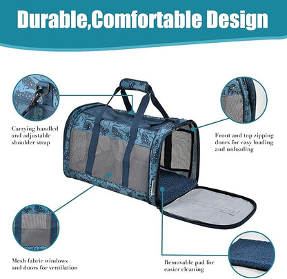 Soft-Sided Kennel Pet Carrier for Small Dogs, Cats, Puppy, Airline Approved Cat Carriers Dog Carrier Collapsible, Travel Handbag & Car Seat (Blue Cat Print, 19" L x 11" W x 11" H)
