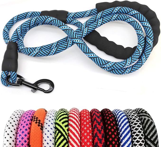 MayPaw Rope Dog Leash 3/6/8/10/12/15/20/30 FT, Heavy Duty Nylon Pet Leash, Soft Padded Handle Thick Lead Leashes for Large Medium Dogs (1/2" * 6', Blue Black)