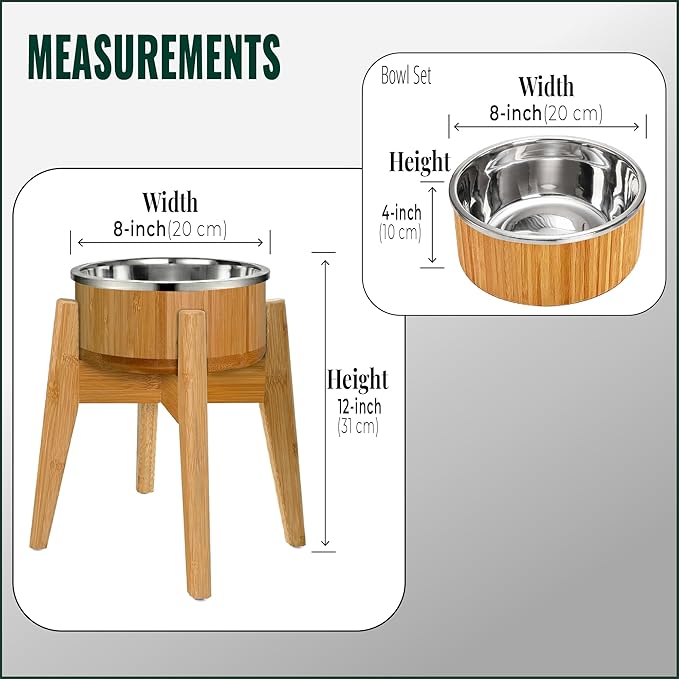 Elevated Dog Bowl for Mid-Large Breed, (12-Inch High) - Raised Food and Water Bowl with Stand, Flip-Resistant - Real Bamboo and Stainless Steel