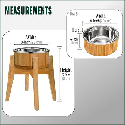 Elevated Dog Bowl for Mid-Large Breed, (12-Inch High) - Raised Food and Water Bowl with Stand, Flip-Resistant - Real Bamboo and Stainless Steel