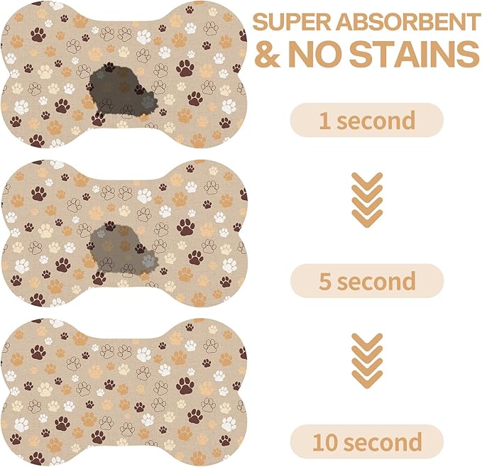 Pet Dog Cat Food Mat, Absorbent Bone Shaped Dog Bowl Mats for Food and Water, Non Slip Cute Dogs Cat Placemats Feeding Mat with Rubber for Floors Indoor Puppy Pet Accessories Supplies 17"x30" Khaki