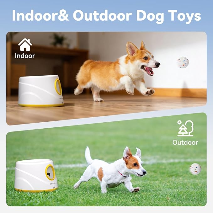 HETOO Automatic Ball Launcher for Dogs: Ball Launcher for Dogs - Tennis Thrower for Dogs with 6 Balls- Interactive Mental Stimulation Dog Toys - Small/Medium Sized Launcher- Yellow