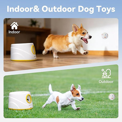 HETOO Automatic Ball Launcher for Dogs: Ball Launcher for Dogs - Tennis Thrower for Dogs with 6 Balls- Interactive Mental Stimulation Dog Toys - Small/Medium Sized Launcher- Yellow