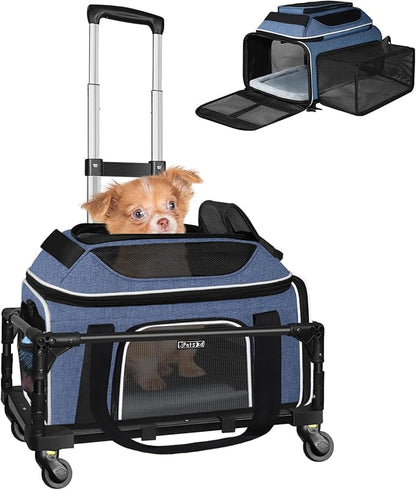Petskd Top and Side Expandable Pet Carrier with Wheels 17x11x9.5 Inches Alaska Airline Approved, Soft-Sided Carrier for Small Cats and Dogs with Locking Safety Zippers and Anti-Scratch Mesh(Blue)