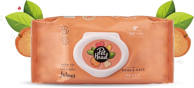 Pet Head Quick Fix Paw and Body Wipes for Cats and Dogs | Peach Scent with Aloe Vera | Biodegradable Pet Hygiene Cleaning Wipes | pH-Neutral | Vegan | For an Easy & Speedy Freshen-Up | 80 pack