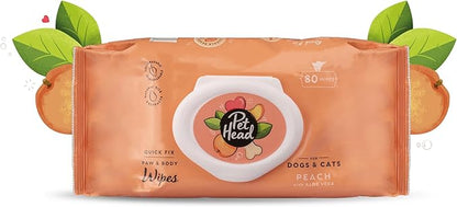 Pet Head Quick Fix Paw and Body Wipes for Cats and Dogs | Peach Scent with Aloe Vera | Biodegradable Pet Hygiene Cleaning Wipes | pH-Neutral | Vegan | For an Easy & Speedy Freshen-Up | 80 pack