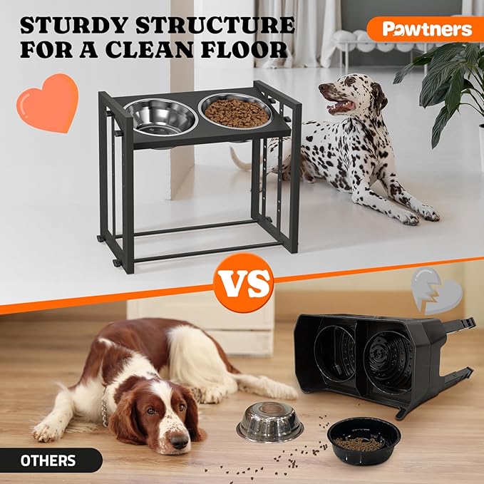 Elevated Metal Dog Bowls for Medium Breed: 4 Height-Adjustable Raised Dog Bowl Feeder Station with 2 Stainless Steel Bowls, Black