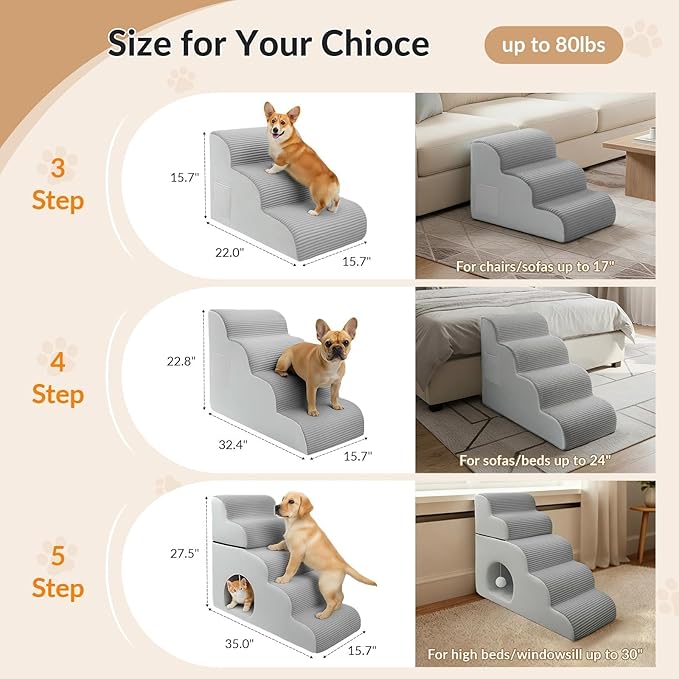 Dog Stairs for Couch and Chair,15.7" H 3-Step Pet Steps for Small Dogs and Cats, Non-Slip Sturdy Dog Ramp with Anti-Tip Safety Strap and Washable Cover,Balanced Ramp Indoor Pet Stairs