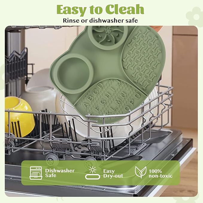 Silicone Slow Feeder Dog Bowls & Cat Bowls, 2 Cups Small Pet Food Bowl with Non-Slip Suction Base, Food-Grade Safe Puzzle Feeder for Small & Medium Dogs & Indoor Cats (Bowl & Lick Mat (Green))