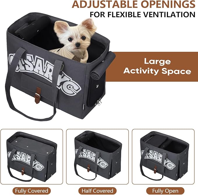 Dog Purse Carrier for Small Dogs, Cats and Puppies – Soft-Sided Foldable Pet Travel Bag with Multi Pockets, 3-Sided Mesh & Rollable Cover for Nervous Cats, Fits Pets up to 15 lbs (Grey)