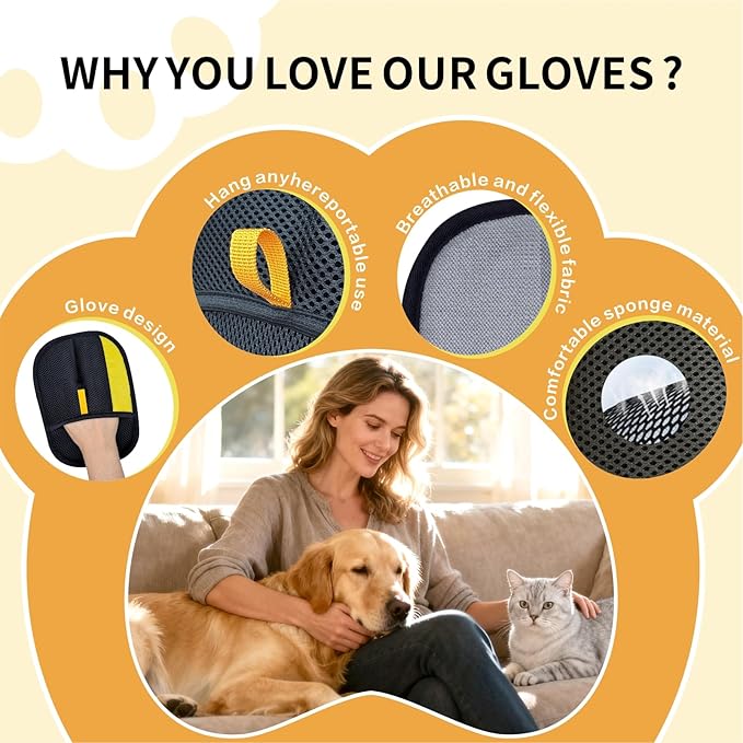 2 Pcs Pet Hair Removal Glove for Dogs & Cats, Upgraded Reusable Electrostatic Pet Hair Gloves, Pet Hair Remover Tool for Clothing, Couch, Carpet,Pet Beds, Convenience for Busy Pet Owners