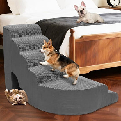 6 Tier Dog Stairs/Steps for High Bed, 27.5”H Non-Slip Pet Stairs Adjust to Left Side of Bed, Pet Steps for Small Dogs, Old Pets, and Injured Dogs, Gray