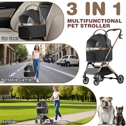 4 Wheels Pet Stroller for Small Medium Dogs Cats Up to 45 lbs Folding Dog Stroller with Detachable Breathable Carrier Suitable for Car Seat, Hand Carry & Travel, All Terrain, 3 in 1 Multifunctional