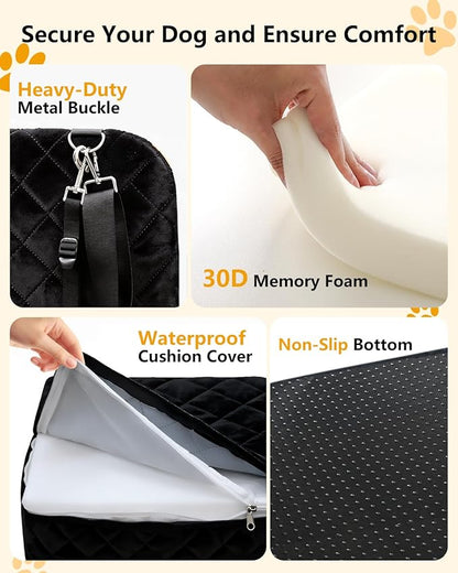 Dog Car Seat for Small/Medium Dogs Up to 35 lbs, 2-in-1 Pet Car Seat with Memory Foam, Machine Washable Dog Bed for Cars, Non-Slip Pet Booster Carseat with Safety Leashes, Storage Pockets (Black)
