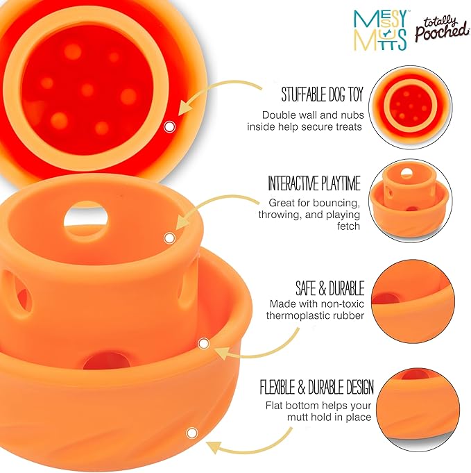 Messy Mutts Totally Pooched Puzzle 'n Play Mushroom |Stuffable Treat Toy for Dogs |Durable TPR | 4” x 3.5” (Large) Dog Toy | Orange