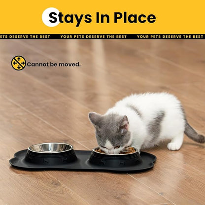 Dog Bowls with Silicone Feeding Mat, No Spill Food Water Dish Set, Dishwasher Safe, 2 Stainless Steel Puppy Bowls, Suitable for Tiny Dogs Kittens Cats Rabbits Pets under 8lbs, Extra Small,Black