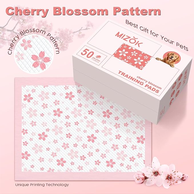 MIZOK Dog Pee Pads Extra Large 28"x34", Potty Pads for Big Dog Breeds, Super Absorbent & Leak-Proof, Pink Cherry Blossom Prints, Thick & Heavy, 4-Corner Adhesive Tabs, XL (50 Counts)