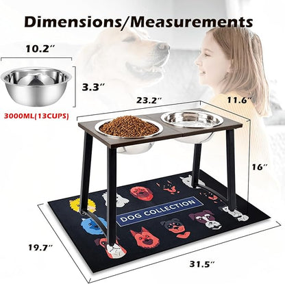 Elevated Dog Bowls for Large & X-Large Dogs, 16" Tall Raised Stand with 2 Stainless Steel 3000ML Bowls, Slow Feeder & Spill-Proof Mat – Extra Large Dog Food & Water Bowl Set