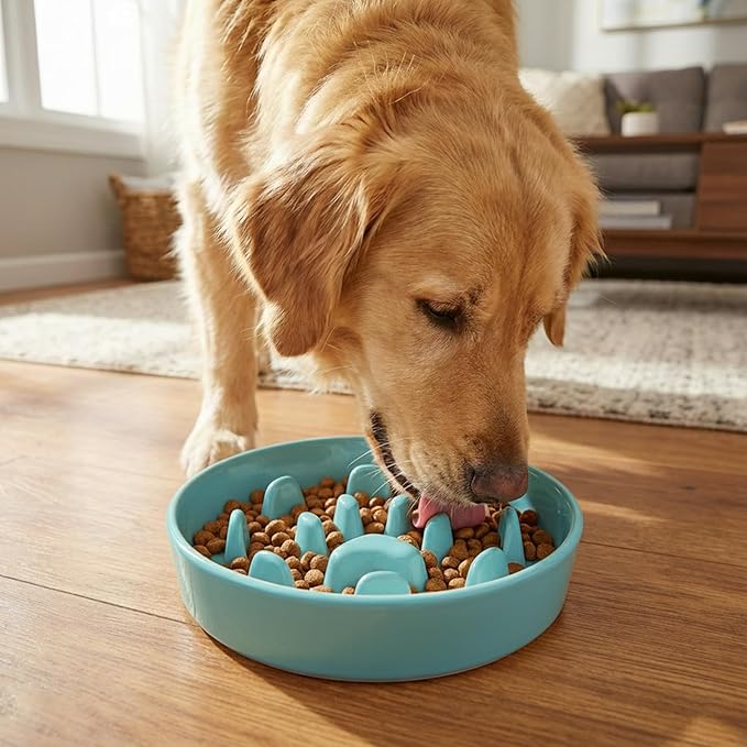 Ceramic 1.5 Cup Slow Feeder Dog Bowl, Slow Feeding Dish for Small & Medium Breeds to Slow Down Eating, Anti-Gulping, Preventing Choking (Turquoise)