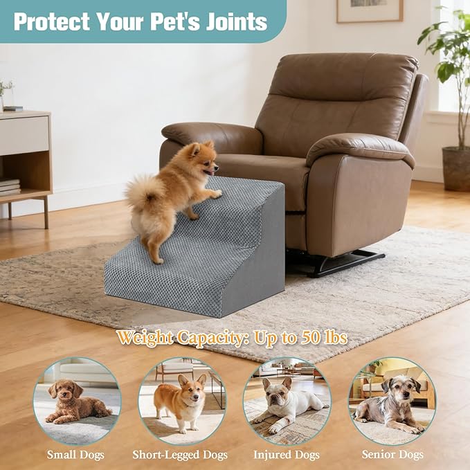 Dog Stairs for Small Dogs, 2-Step Dog Steps for Couch Sofa and Chairs, High-Density Foam Pet Steps Ramp with Removable Washable Cover for Older Injured Puppy Dogs and Cats, 11.81" H, Grey