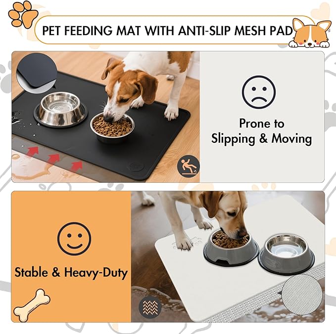 Newest Diatomite Stone Pet Feeding Mat for Dog&Cat–Super Absorbent Diatomite Fast Drying Stone Dog Food Mat, Quick Dry Dog Mats for Food and Water with Non-Slip Pad (24×16'', Off White, Square)